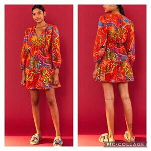 Farm Rio Magic Forest Cotton Mini Dress V-Neck Long Sleeve Beaded Tassels sz M